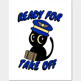 Funny black cat is a pilot Posters and Art